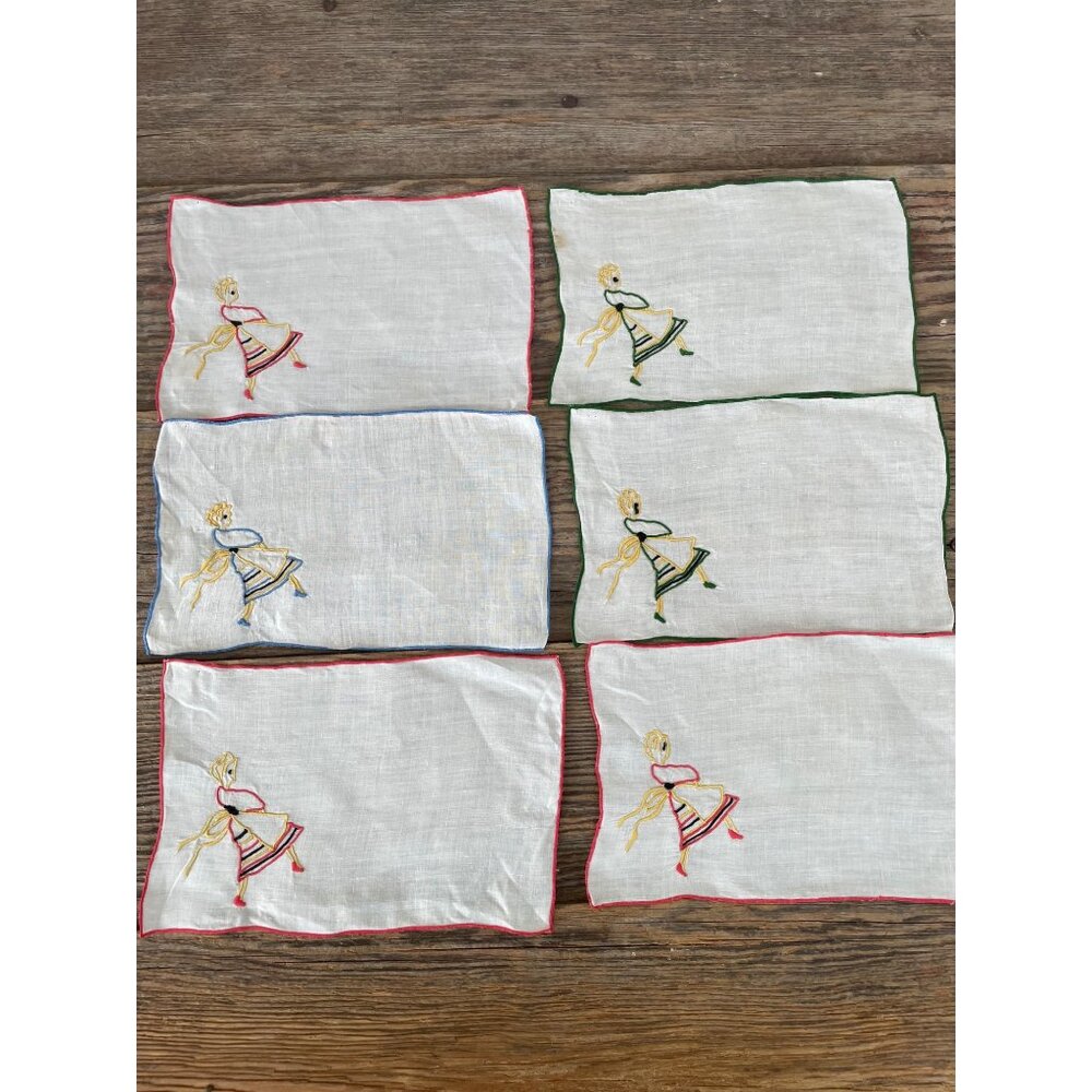 Vintage 1930s Set of 6 Marghab Embroidered Barmaid Cocktail Napkins